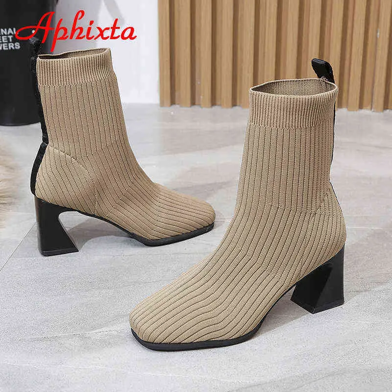 Aphixta 2022 Spring Socks Boots Women Stretch Fabric Elastic Square Heels Comfortable Ankle Boots Shoes Woman Big Size 43 Boats Y220729