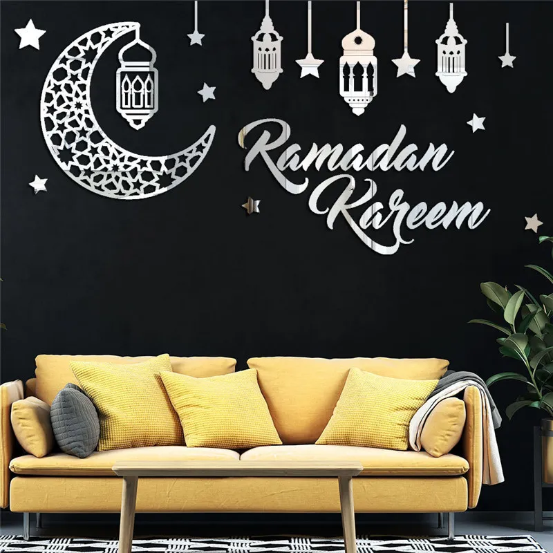 Eid Mubarak Wall Sticker Lantern Moon Acrylic Mirror Decal Ramadan Decor for Home Islamic Kareem Muslim Party 220607