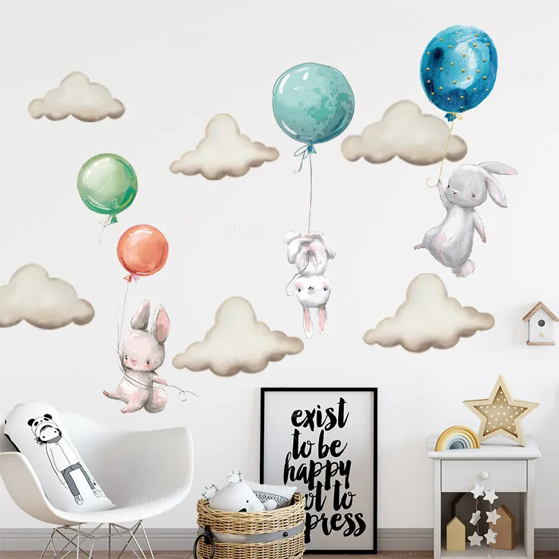 Watercolor Pink Balloon Bunny Cloud Wall Stickers for Kids Room Baby Nursery Room Decoration Wall Decals Boy and Girls Gifts PVC 220727