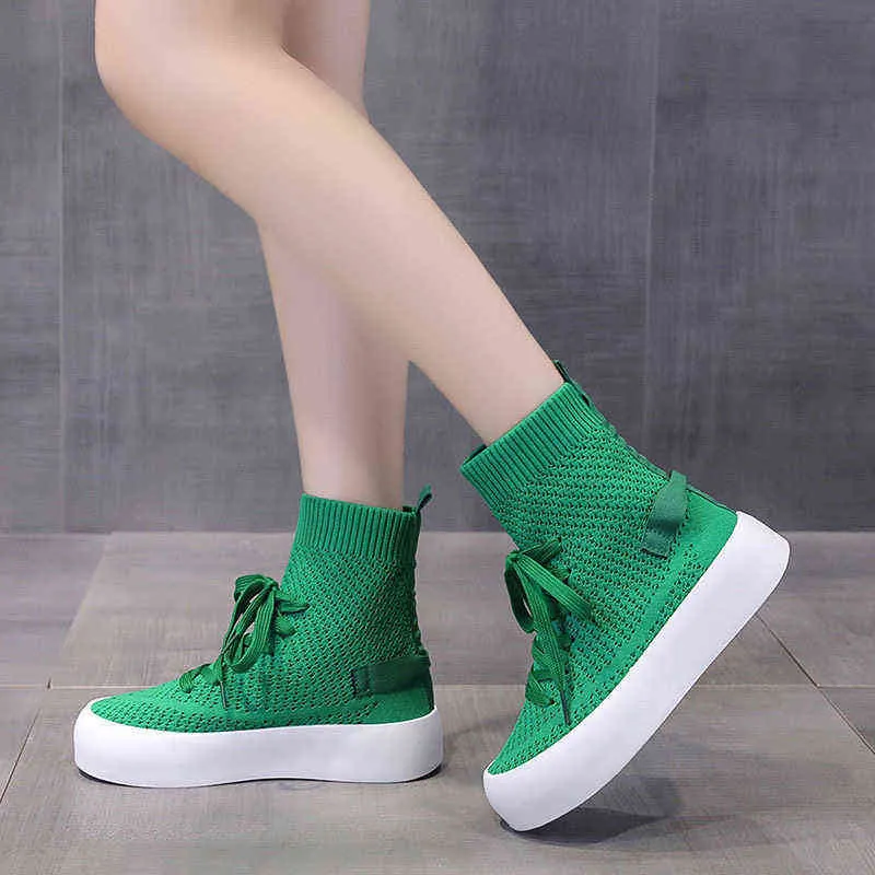 女性用ストレッチファブリックニットソックブーツ2022フラットプラットフォームの秋のスリップアンクルブーツ緑色の太い靴底靴Y220707