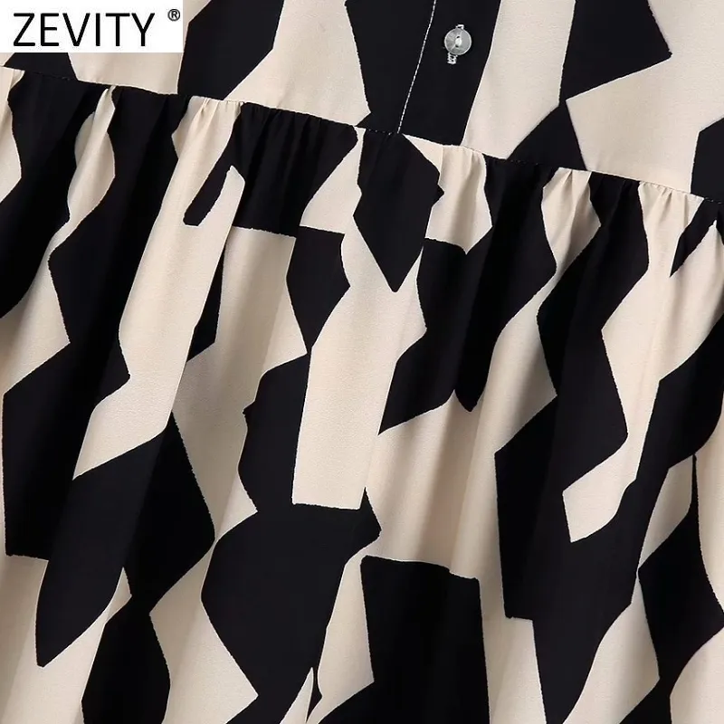Zevity Women Vintage Contrast Färg Geometrisk Utskrift Platser Midi Shirt Klänning Kvinna Chic Slå ner Krage Business Vestido DS8767 220406
