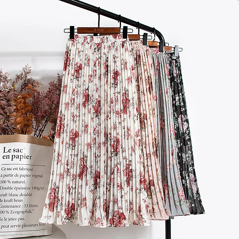 Croysier Skirts High Waist Floral Print Mid Calf Long Pleated Skirt Women Summer Vintage Elegant Chiffon Midi Skirt 220521