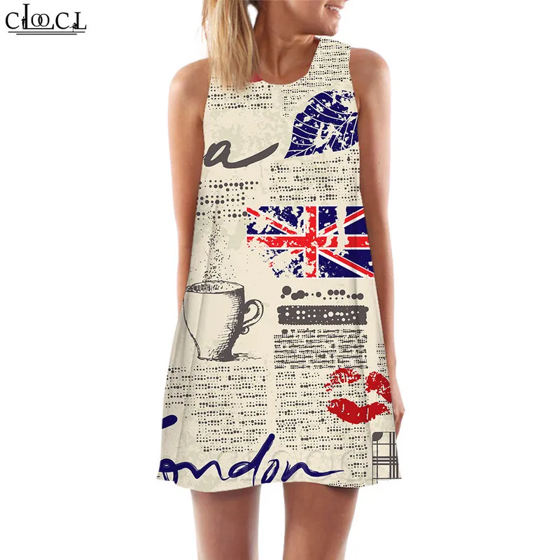 Dames tanktops retro spapers 3d print uk big ben losse jurk sexy mini short party vrouwelijke vest mouwloze jurk w220617