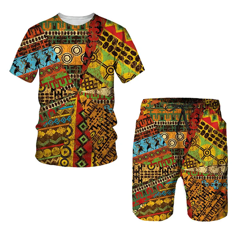 Heren Zomer Trainingspak Afrikaanse Totemstijl Outfits 2-delig T-shirt Shorts Set Vintage Etnisch Sport Joggingpak Casual Kleding 220622