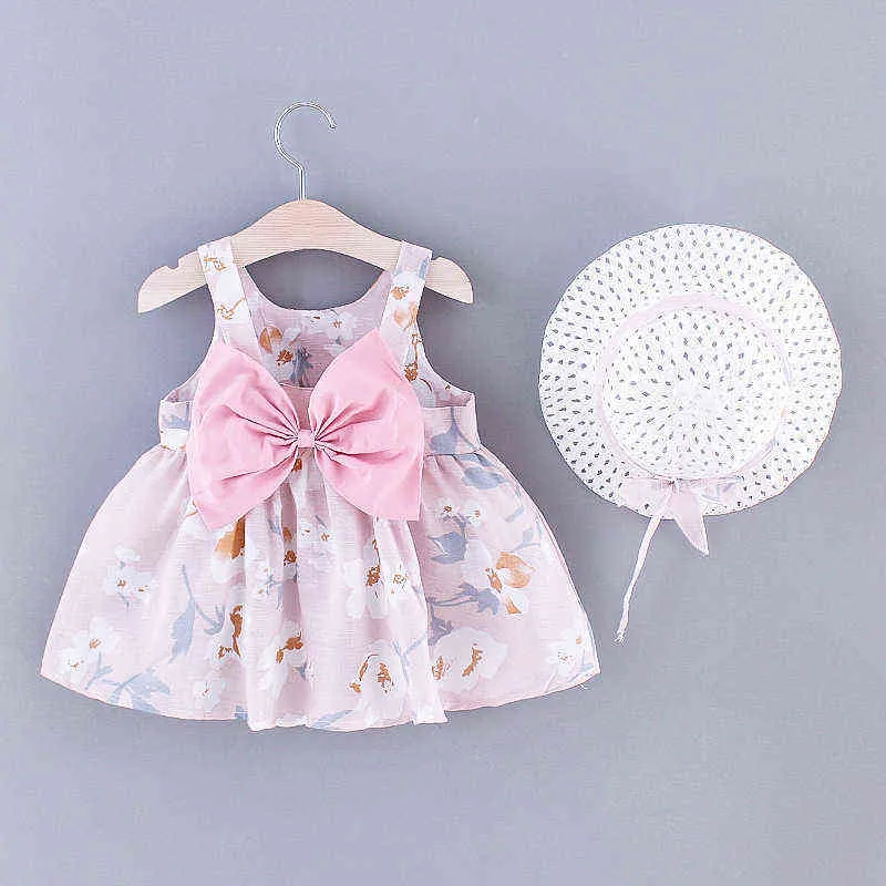 2021 neue Mode Baby Mädchen Kleider Prinzessin kleidung Nette 2 stücke set Party Baumwolle Blume Kinder Bogen Hut Ärmel Süße 1-3Y G220518