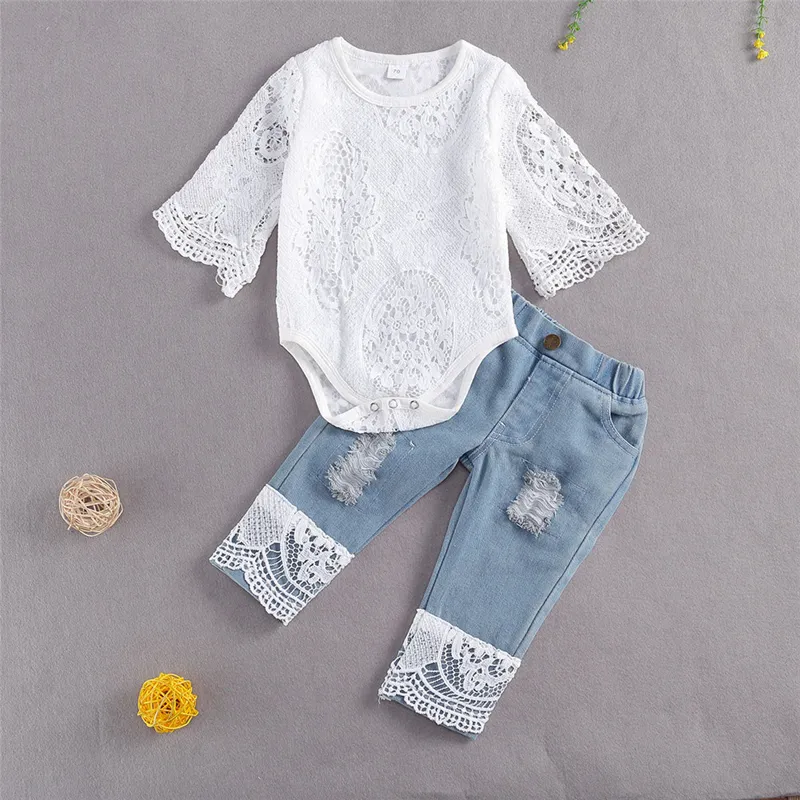 Lioraitiin 024m Baby Girls Fall Close Sleeve Romper Suit Triangle Croct Lace Top Hole Jeans Outfit 220607