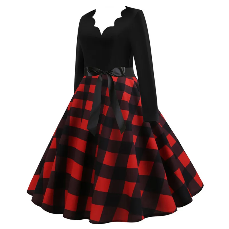 Vrouwen Plaid Print Winterjurk Zwarte Lange Mouw Vintage Kerstfeest Pin-up Rockabilly Jurk Robe Femme Plus Size S ~ 3XL 220317