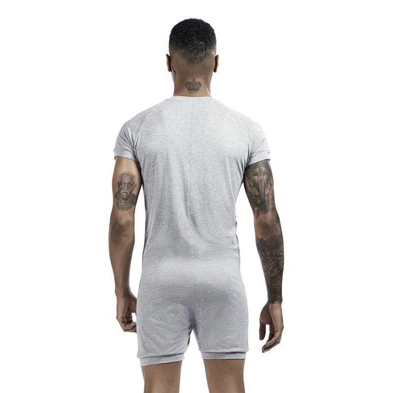 Pyjamas siamois pour hommes Onesies Accueil Vêtements Super-élastique Confortable Bouton Pression Combinaison Hommes Vêtements De Nuit Solide Couleur T-shirts 220426