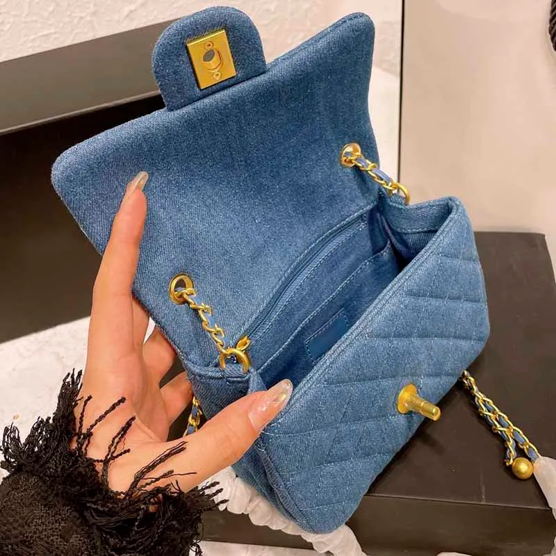 CC Bag Wallets 18CM 20CM Luxury Flap Denim Designer Bags Blue Cowboy Mini Classic Handbags Gold-Tone Metal Chains Golden Ball Adju198P