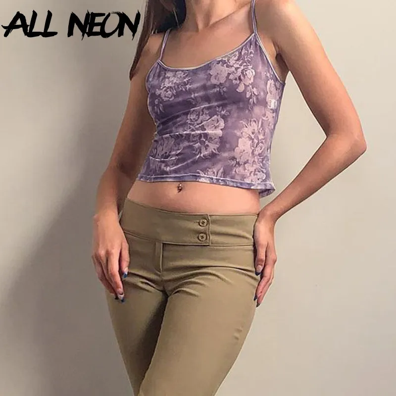 AllNeon Vintage 2000 Padrão floral CROP PURPO TOPS Y2K Estética de verão Spaghetti Strapleted Backless Mesh Cami fofo sem mangas 220607