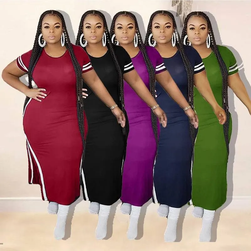 Sexy Sukienki z body Plus w rozmiarze dla kobiet z krótkim rękawem stały kolor podzielony impreza długa Maxi Pencil 220527