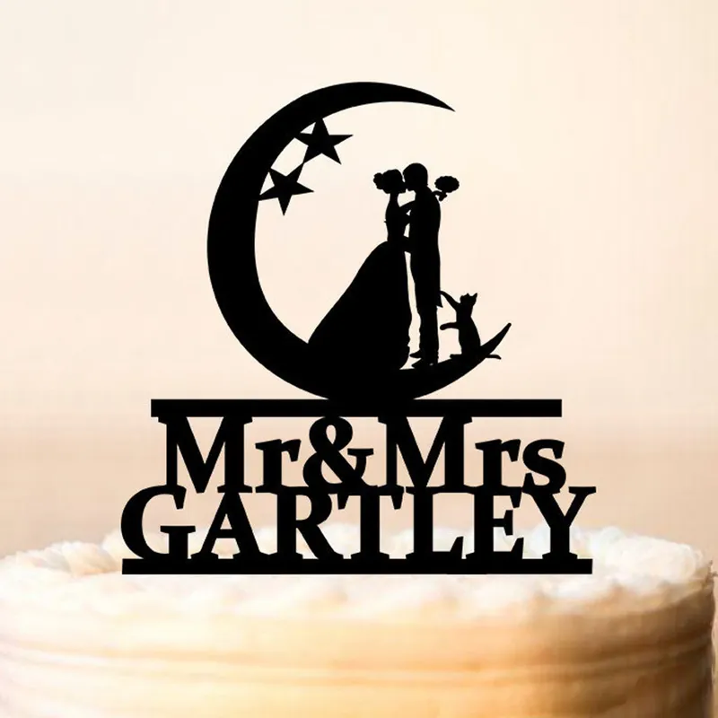 Wedding Cake Topper, Personalized decoration with name Moon and Stars Cake Topper,Bride and Groom Silhouette,Custom Cake Topper