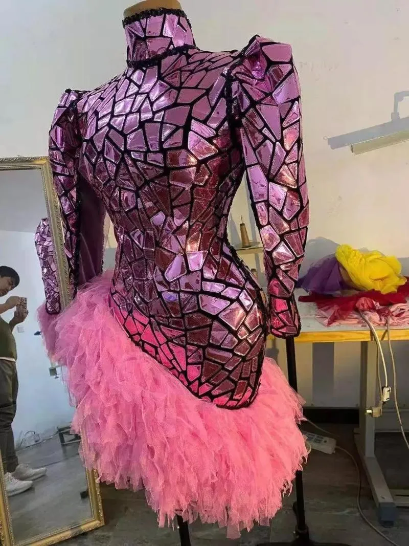 Costume de scène de décoration de fête pour chanteur femmes rose miroir robe à manches longues dos nu dentelle serrée sexy robes d'anniversaire de bal club 266n