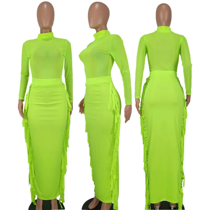Cm.yaya Women Women Tassel боковая сплайсинг Bodycon Midi Maxi платье сексуально, хотя сетчатые сетки с длинным рукавом и подбор юбки 220516