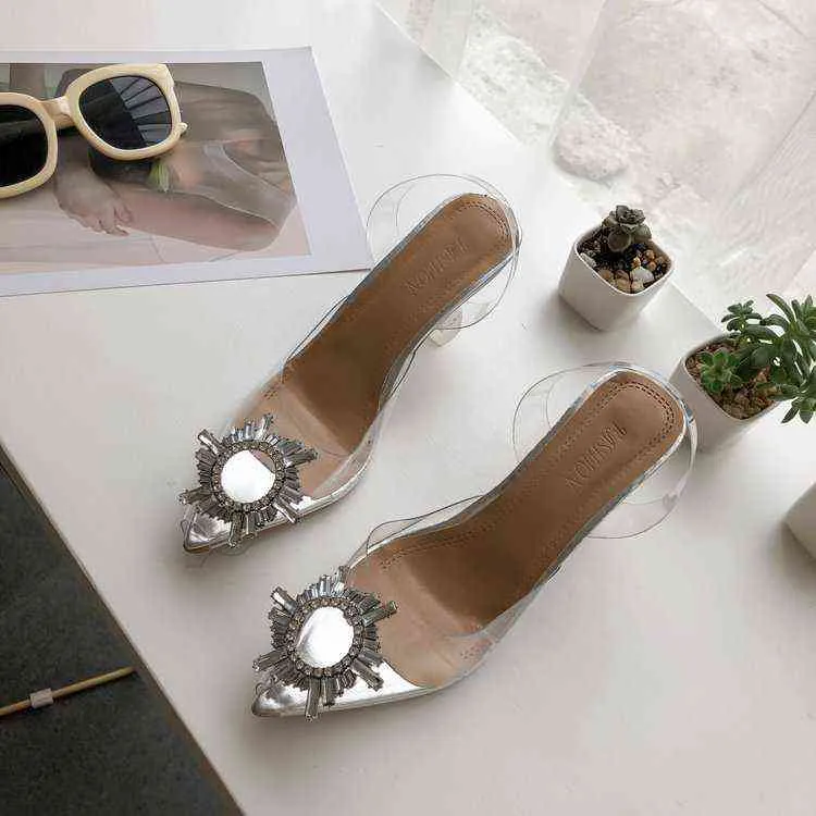 2021 Summer New Korean Version Of Rhinestone Transparent Crystal Shoes High Heel Sandals Stiletto Shoes Large Size G220518