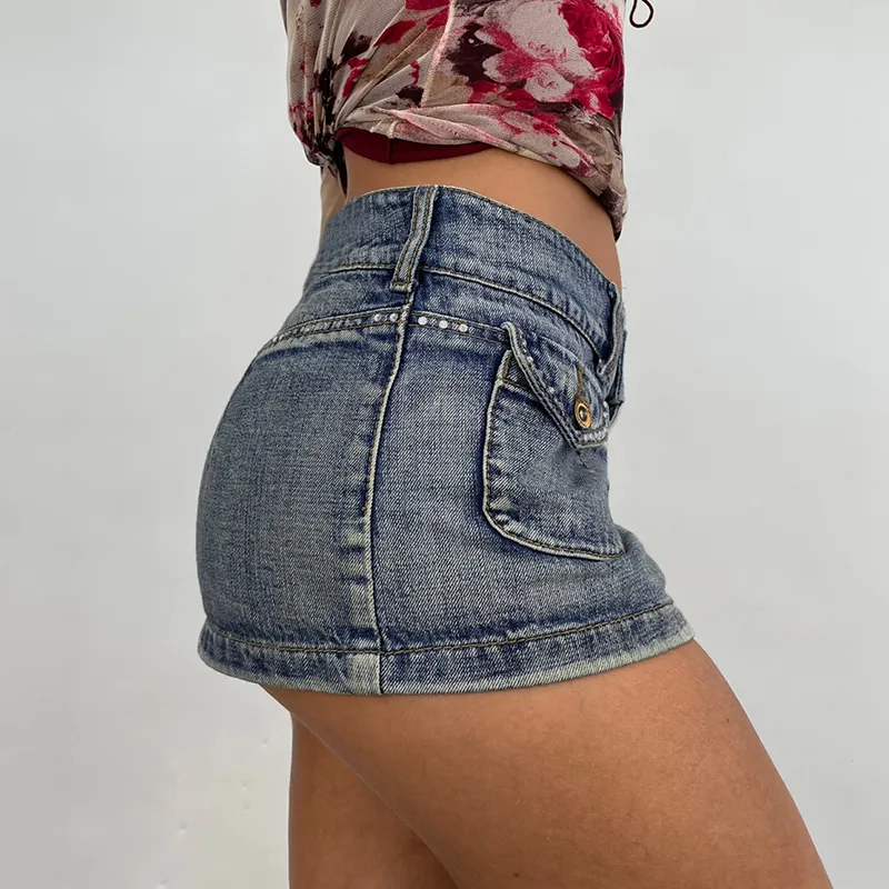 Vintage Diamonds Denim Mini Skirts Y2K Aesthetic Korean Kawaii Low Rise Skinny Wrap Bodycon Jeans Penceil Skirt Women Streetwear 220701