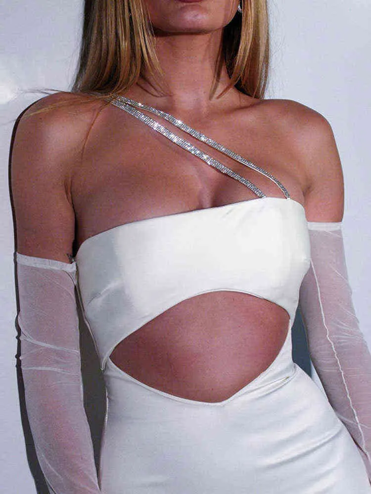 Bonenccel One Shoulder Långärmad Satin Midi Dress Sexig Off Shoulder Cut Out Bodycon Klänning Elegant Mesh Club Party Dress White Y220401