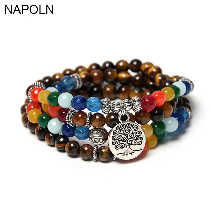 NAPOLN Árbol de la Vida Pulsera Multicapa Cuentas 108 Mala Yoga Piedra Natural Mujeres Pulseras de Gota para Hombres