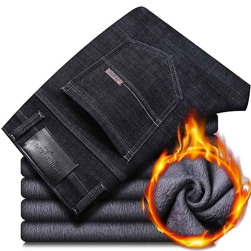 Winter Thermal Warm Flanell Stretch Jeans Herren Qualität Berühmte Marke Fleece Hosen Männer Gerade Beflockung Hosen Jean Männlich 220328