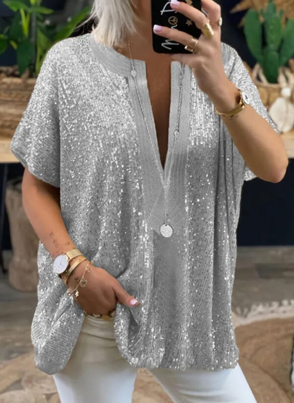 여성 짧은 소매 스팽글 T 셔츠 여름 탑 Femme 티셔츠 숙녀 셔츠 의류 섹시한 V 목 느슨한 캐주얼 실버 골드 컬러 220408