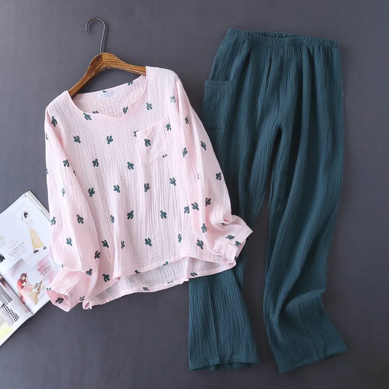 Style japonais printemps et automne dames coton crêpe tissu à manches longues pantalon pyjama cactus confortable service à domicile 220421