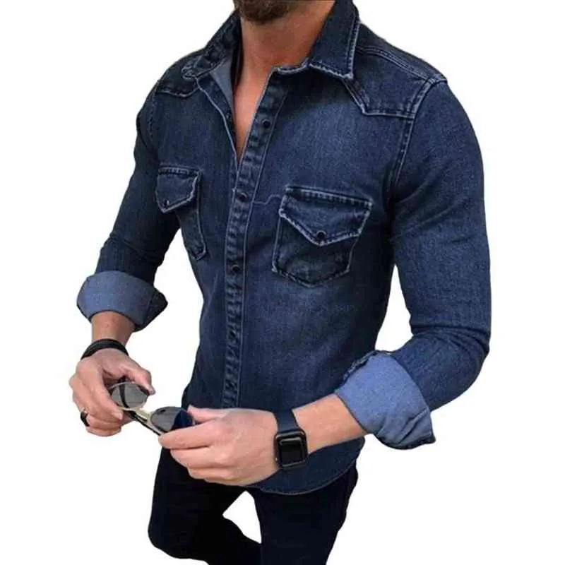 Frühling Herbst Herren Jeans Hemd Langarm Denim Hemden für Männer Weiche Baumwolle Zwei Taschen Slim Elastic Denim Hemden Chemise Homme Y220420