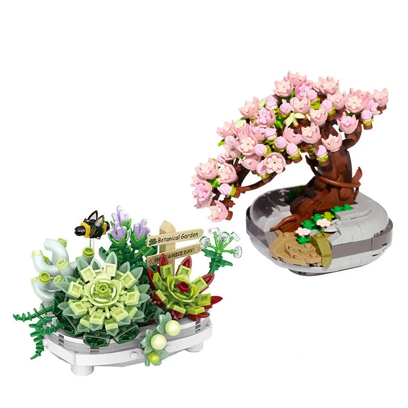 Plantas de maceta bloques ladrillos ciudad Mini Sakura suculentas flor de cerezo casa árbol modelo juguetes de construcción para niños regalos 220715
