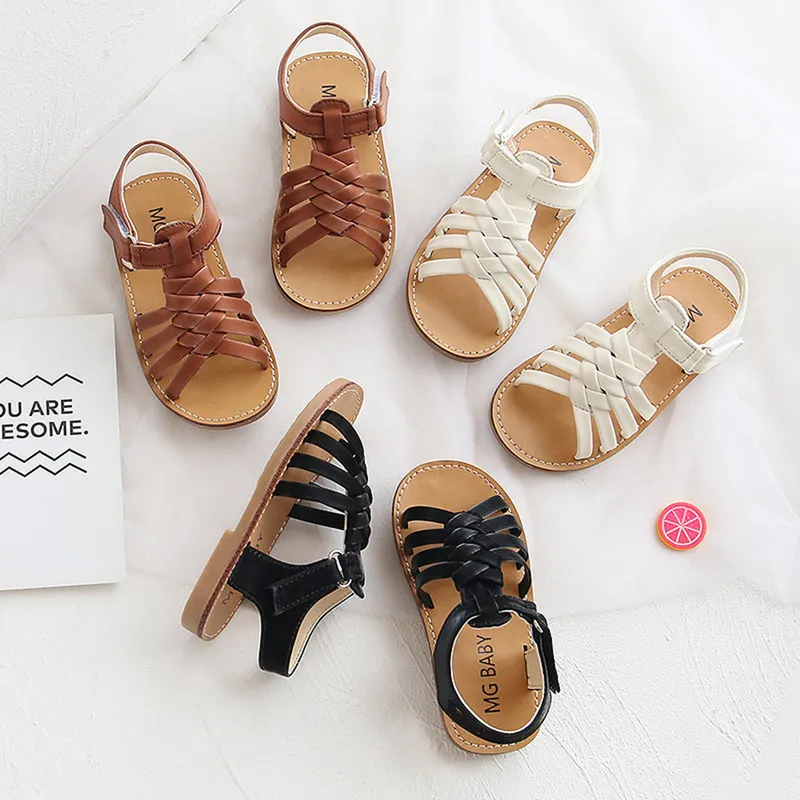 Crianças Criança Criança Baby Sandal Vintage Garotas Cruzadas Correia Couro Finhão Flata Aberta de Toe Sapato Casual Sandálias Sandálias 220525