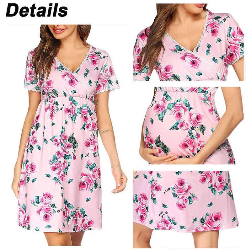 Costura de encaje Vestido de maternidad de manga corta Tie-dye Estampado floral Lactancia Embarazo Vestido Cuello en V Vestido de mujer informal G220309