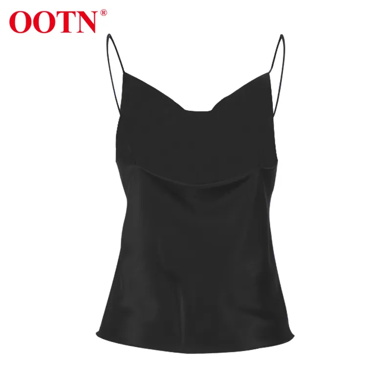 Ootn elegante mola cetim preto cami top mulheres bege seda espaguete cinta camis senhoras sólida drapeado sem mangas verão camisole 220325