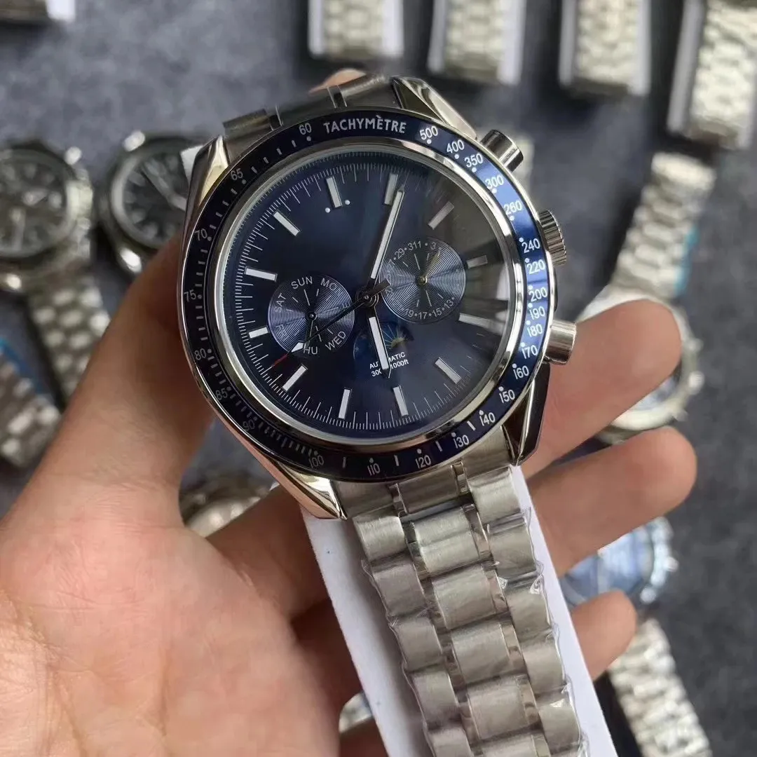Relógio de pulso masculino 44mm, relógio mecânico automático, fase da lua, azul, preto, pulseira de couro, cristal de safira, à prova d'água317s