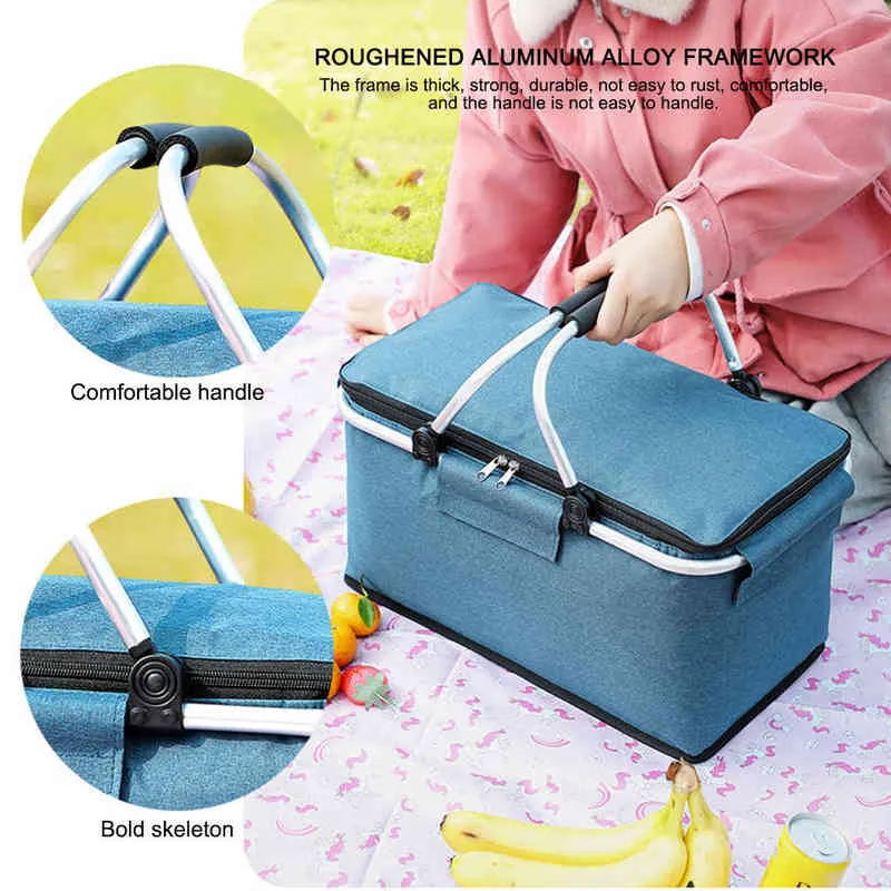 Folding Picnic Pouch Basket Stor kapacitet Multifunktion Kylare Isolerad väska utomhus BBQ Camping Fiske Storage Box Container Y220524