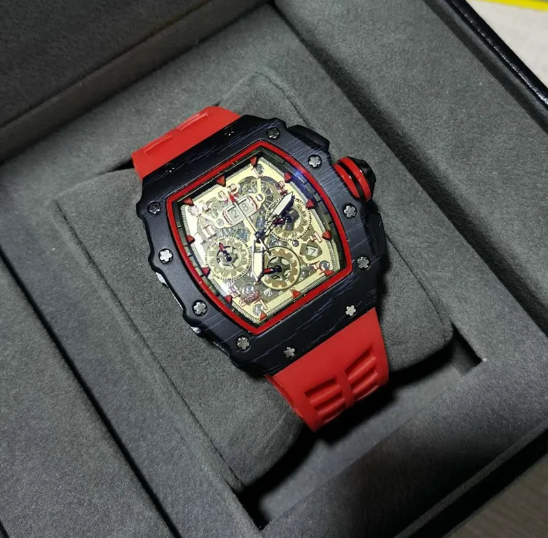 6-pin men's high quality diamond quartz watch hollow glass back stainless steel case watch black rubber