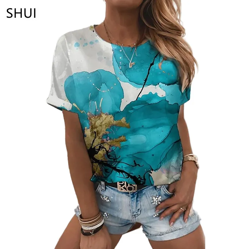 超自然的な女性S半袖Tシャツフラワー3D印刷夏のファッションルーズソフトラウンドネックトップレディースティー220628