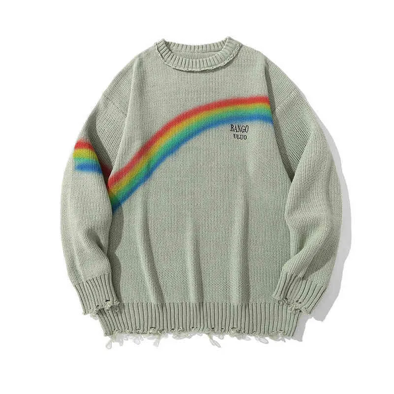 2021 Kpop Rainbow Letter Print Hole Ripped Oversized Men Jacquard Knitted Sweater Casual Women Pullovers Korean Fashion Clothing G22801