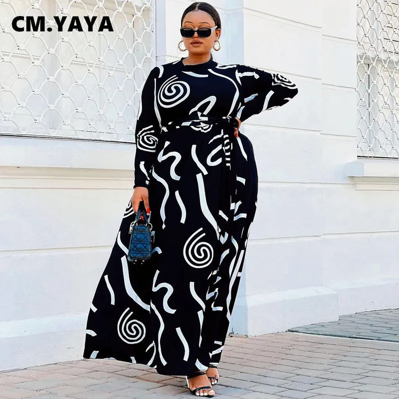 CM.YAYA Herbst Winter Frauen Geometrische Druck Oansatz mit Schärpen Langarm Maxi Kleid Elegante Plus Größe INS Lange Kleider 220516