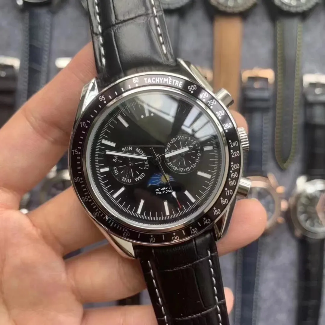 Relógio de pulso masculino 44mm, relógio mecânico automático, fase da lua, azul, preto, pulseira de couro, cristal de safira, à prova d'água317s