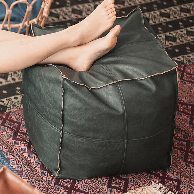 Moroccan PU Leather Pouf Embroider Craft Hassock Ottoman Footstool Round square Artificial Leather Unstuffed Cushion 220402