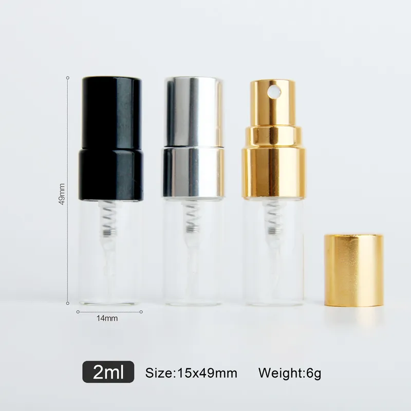 100 przedmiotów/partia 2 ml mini napełniane butelka perfum na próbkę butelki sprayu metalowy atomizer przenośny prezent podróżny kosmetyczny pojemnik 220726