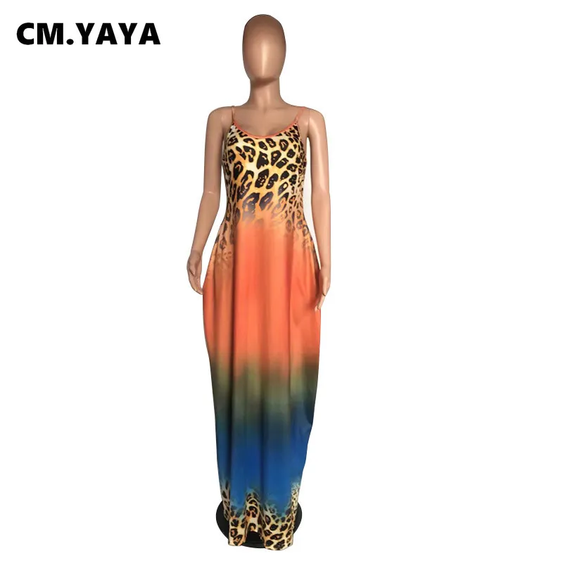 CM. Yaya Gradient Leopard Print Spaghetti Pasek Kobiety Maxi Dress Beach Bez rękawów z kieszonkowymi sukienkami 220516