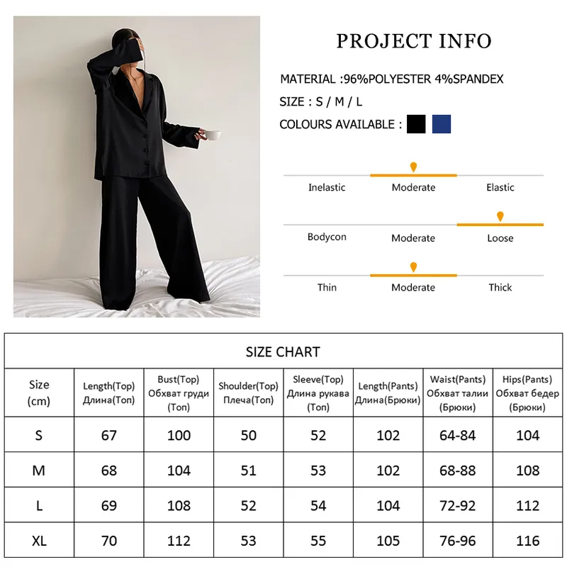 Hiloc Oversized Satin Silk Sleepwear Low Cut Sexy Pajamas For Women Single-Breasted Long Sleeves Wide Leg Pants Trouser Suits 220329