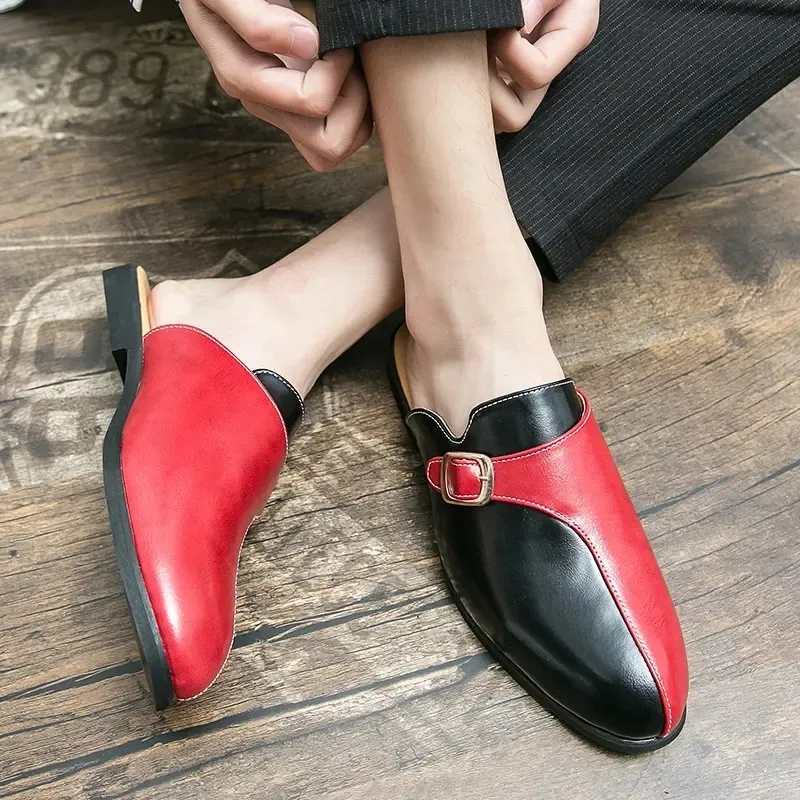 Baotou Half Slippers Men Shoes Pu Leather Dasual Fashion Round Trend Trend Color Trend Trend Buckle Decoration بسيطة ومريحة غير قابلة للانزلاق HM379