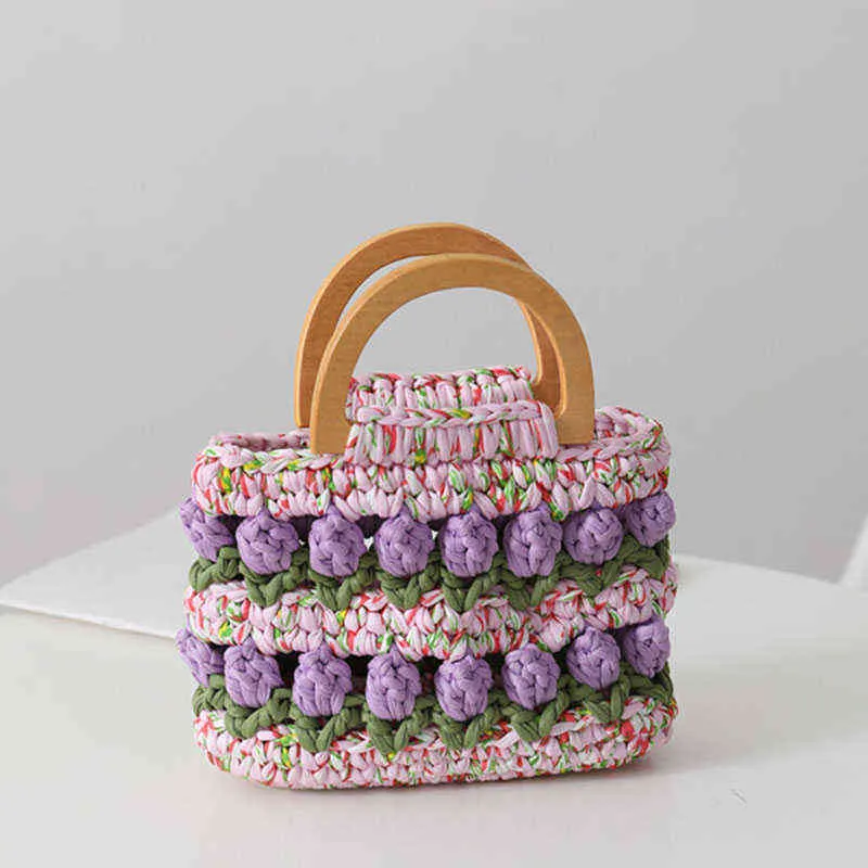 Femmes sac manche en bois fleur tissé fil à la main plage fourre-tout été concepteur Kawaii mignon doux sac à main 220610