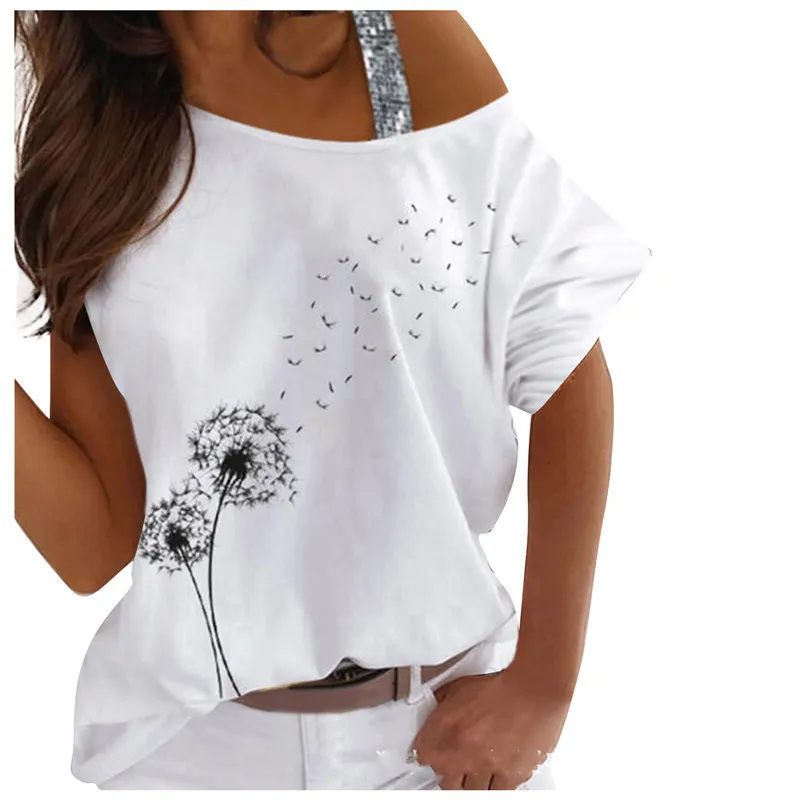 Sexy Off Shoulder Dandelion Print T-shirt Summer Women Casual Halter Short Sleeves White Tops Fashion Street Loose Tshirts 220511