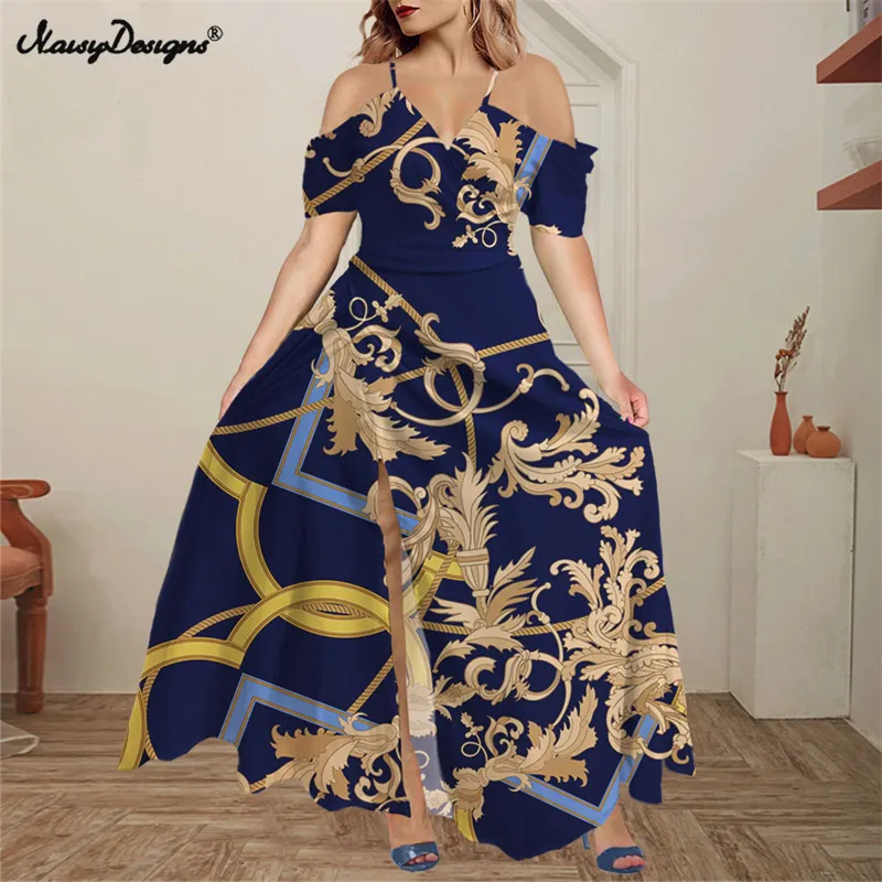 Noisydesigns Blue Floral Pattern Split Dress Women's Sexy Off Shoulder Ruffles Luxury Summer Party Boho Maxi Vestidos 220627