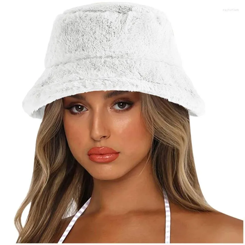 Sombreros de ala ancha Sombrero de cubo Moda Color sólido Invierno Grueso Cálido Piel sintética Felpa Mujer Lana Lana Señoras Panamá Sombreros para el sol # GMWide259H