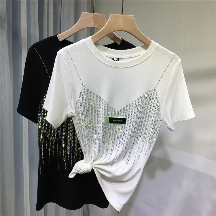 4xl plus size chic Summer Diamond Short Sleeve T Shirt for Women Casual Solid Color O Neck Tshirt Ladies Streetwear Tees Top 220527