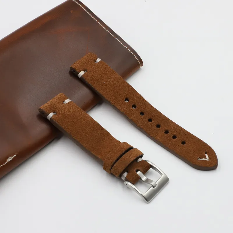 Suede Leather Watch Strap Band 18mm 20mm 22mm 24mm Brown Coffee Watchstrap Handmade Stitching Replacement Armband 220507