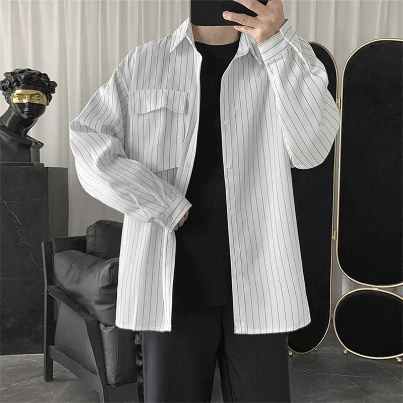 Gestreept Shirt Jas Mannen Dames Hong Kong Stijl Japanse Casual Oversize Trend Black Unisex Gothic Lange Mouwen Herfst Tops 220324