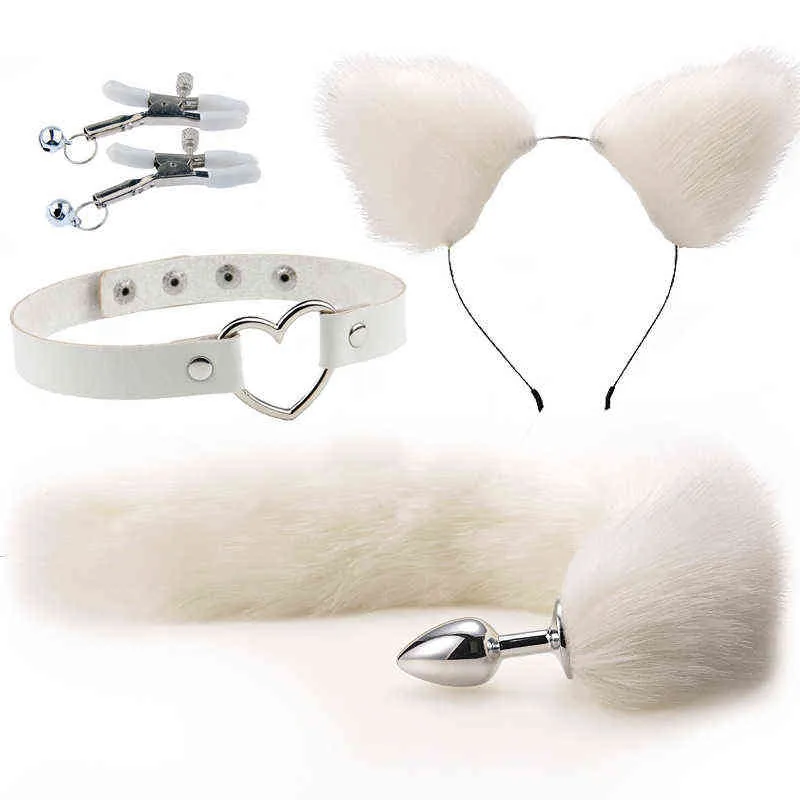 Nxy Anal Toys Cute Fox Tail Plug Cat Ears Headbands Set Adult Games Nipple Clip Neck Collar Erotic Cosplay Sex for Women Couple Bdsm 220420